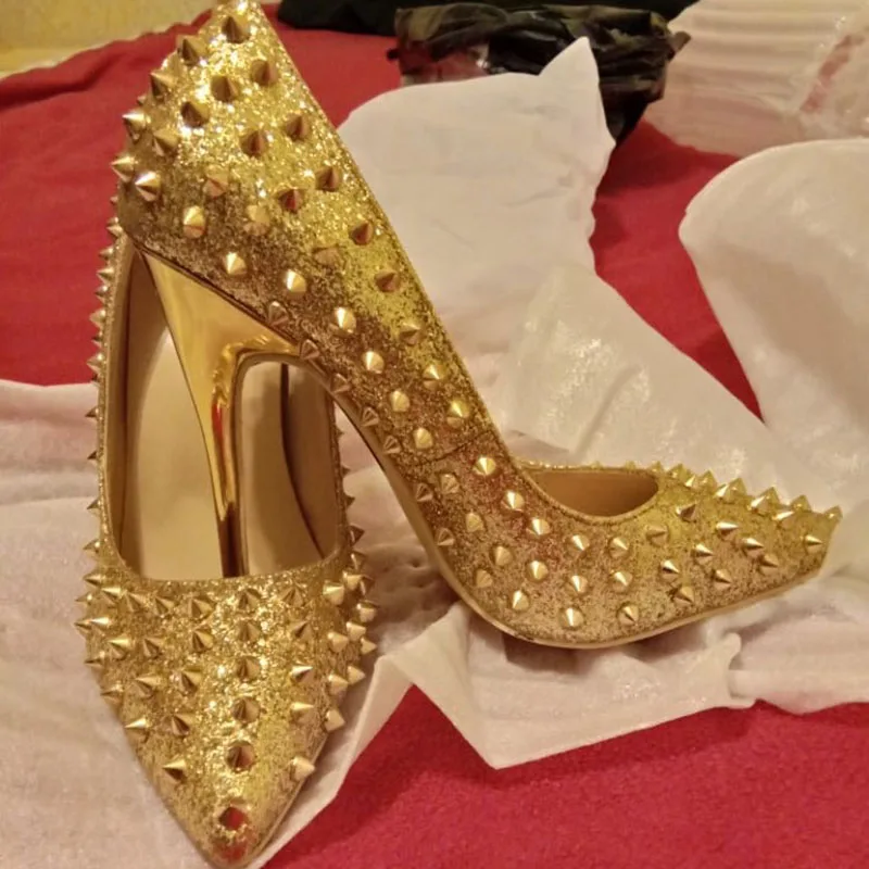 Gold Stud Rivet High Heel Pumps Women Stiletto Heel Dress Shoes Pointed Toe 12CM Slip-on Sexy Solid Pumps Real Photo Shoes