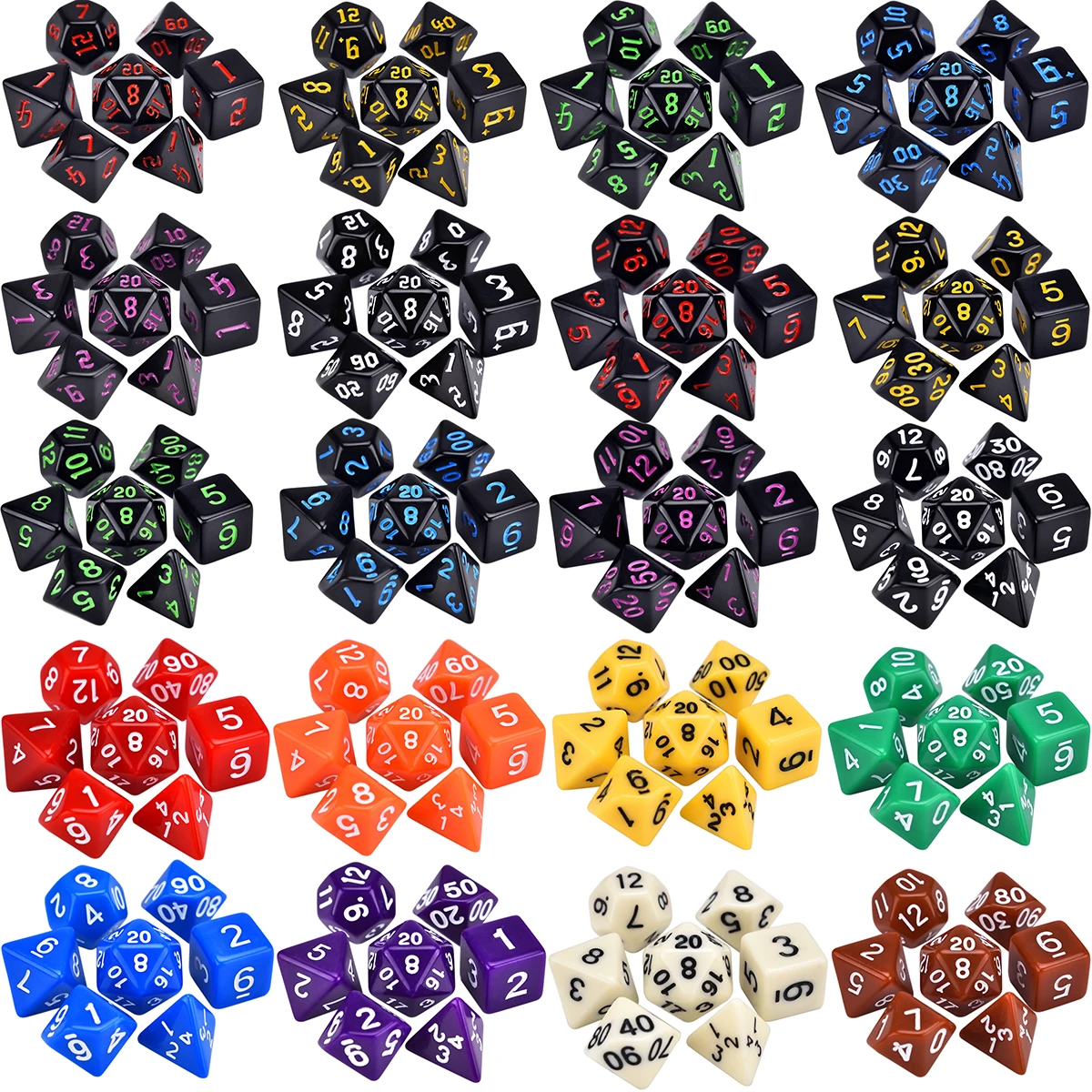 Opaque Colors Polyhedral 7-Piece RPG Dice Set D4 D6 D8 D10 D% D12 D20 for Tabletop Role Playing Games DND