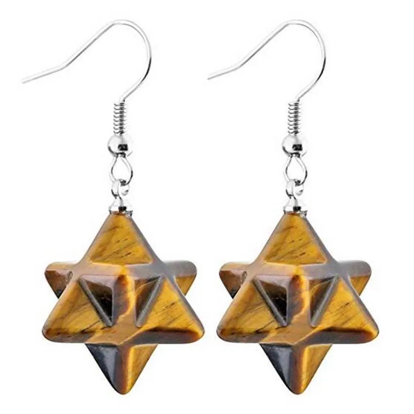 Crystal Merkaba Star Stone Earring For Women Natural Amethyst Rose Quartz Tiger Eye Hexagram Dangle Hook Stone Earrings Jewelry