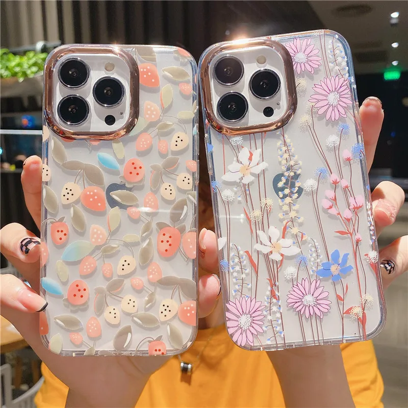 Fashion Transparent Plating Frame Flowers Leopard Case For iPhone 14 13 12 11 Pro Max Plus Glitter Soft Clear Shockproof Cover