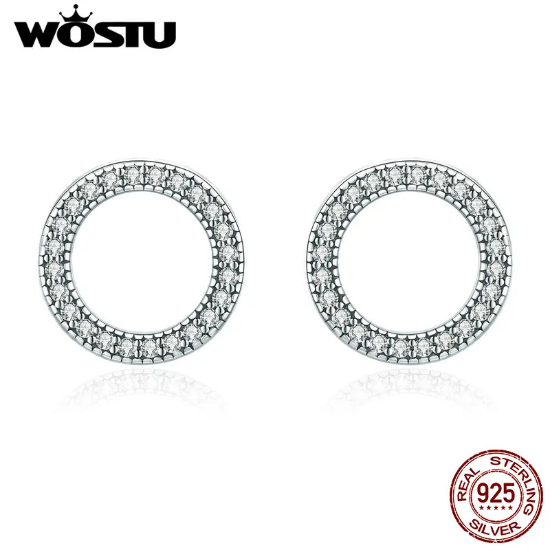 WOSTU 925 Sterling Silver Simple Design Round Circle Stud Earrings for Women Glitter CZ Wedding Engagement Silver Jewelry CQE417