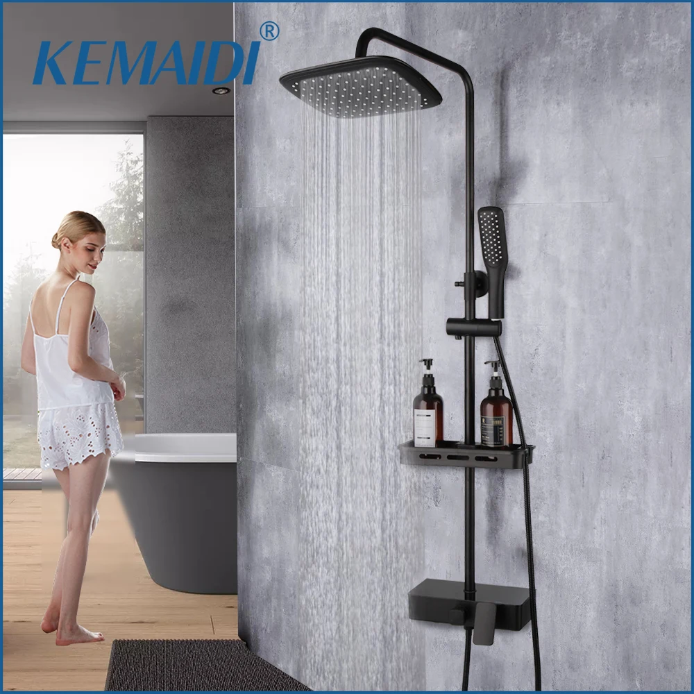 

KEMIDI Matte Black Rainfall Shower Faucet Set Single Lever Bathtub Shower Mixer Faucet & Storage Shelf Bathroom Shower Mixer Tap