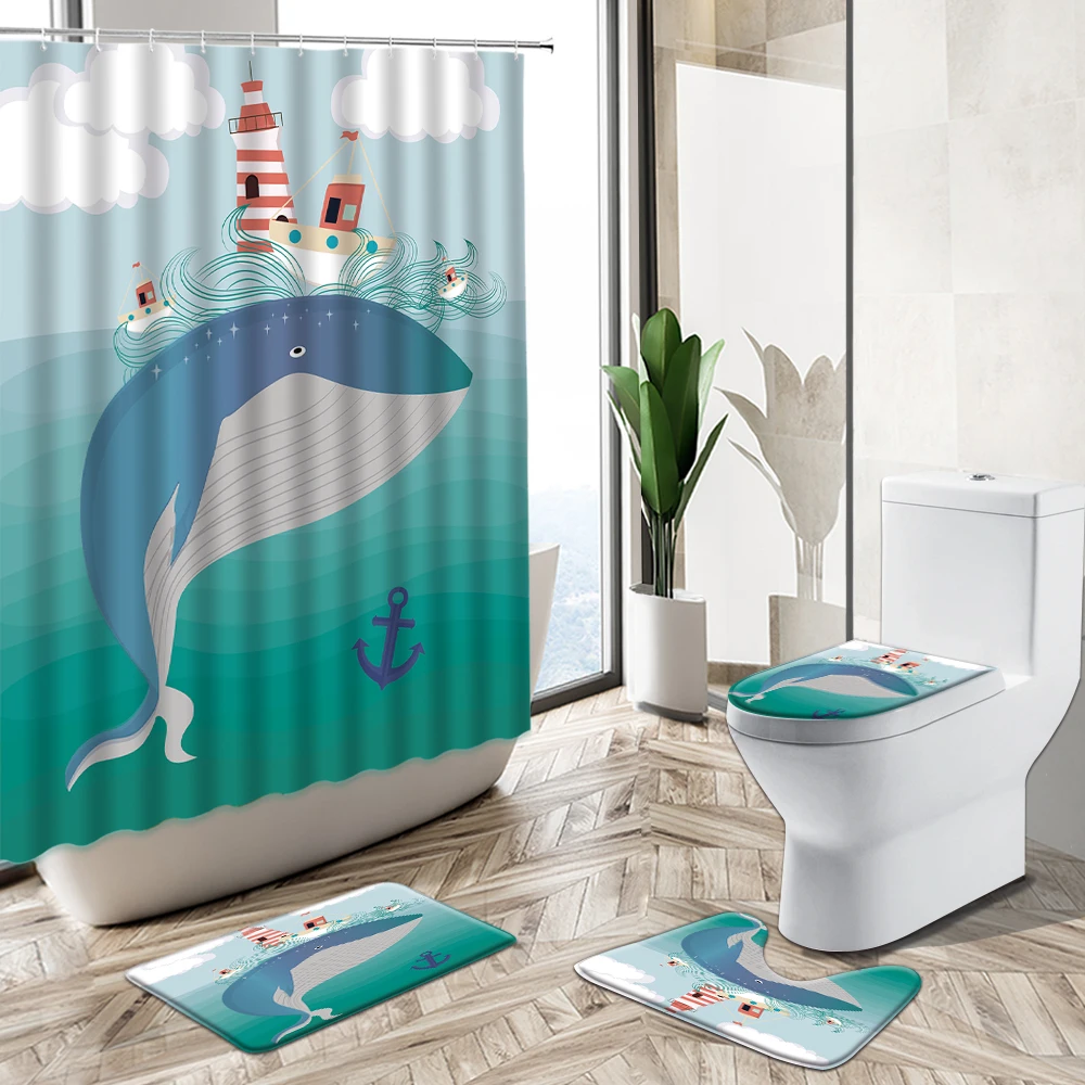 Cartoon Fun Dolphin Shower Curtain Set Marine Animal Anchor Lighthouse Home Decor Bath Mat Toilet Cover Flannel Bathroom Carpet