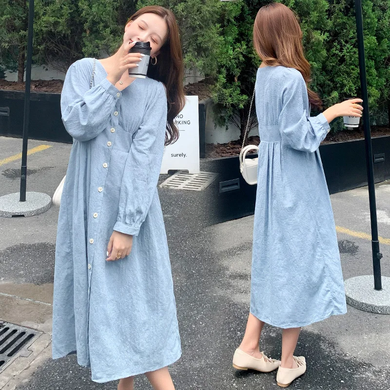 

2024 Autumn Korean Fashion French Street Style Maternity Long Dress V neck Loose Clothes for Pregnant Women Casual Pregnancy