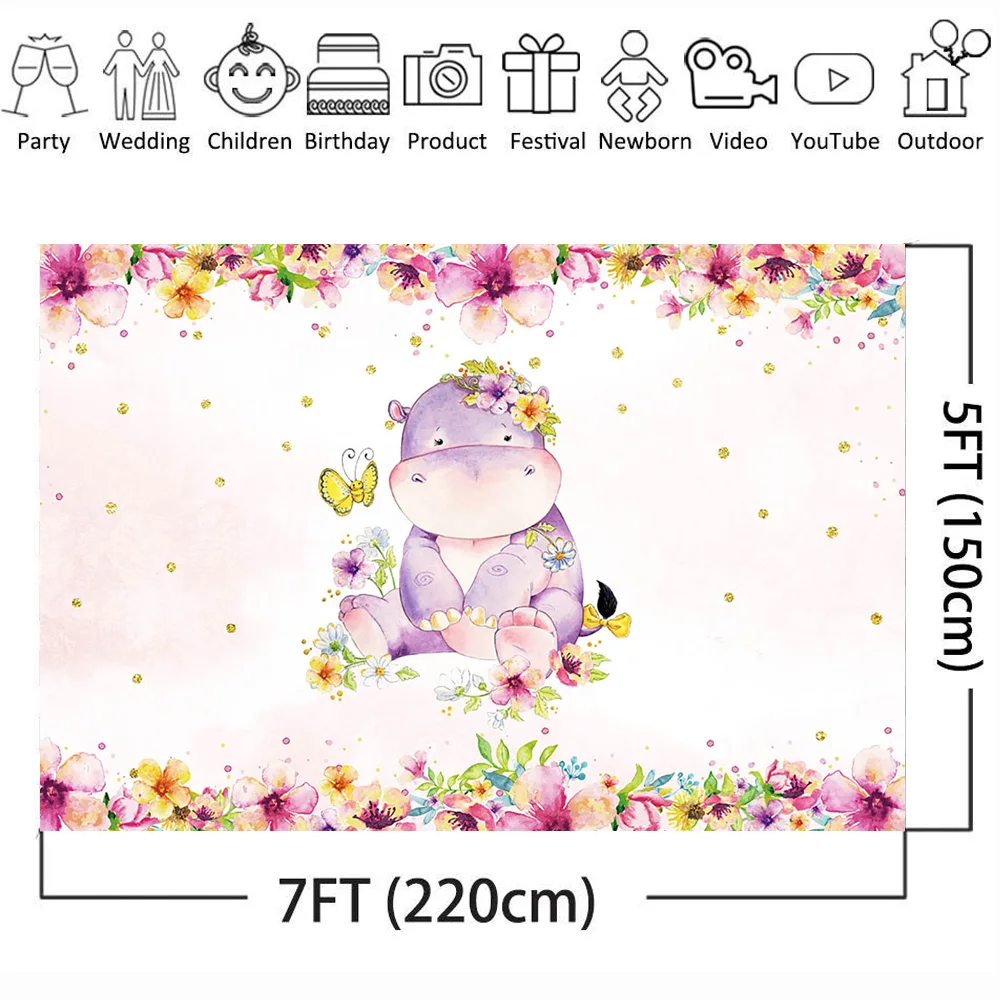 MOCSIKA  Hippo Backdrop Newborn Baby Shower Party Decoration Supplies Spring Flowers Background for Photo Studio 7x5ft Vinyl