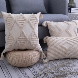 Tufted Pillow Cover With Tassels Beige Bohemian Decorative Pillowcase 18x18