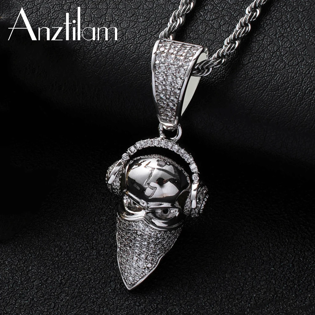 Anztilam Hip Hop Bling Iced Out Masked Man Pendant Necklace Full AAA Cubic Zircon For Women Rapper Gifts
