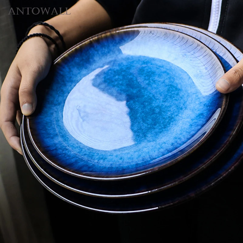 KINGLANG Blue Western-style Plate, Japanese Flat Dish, Round Tray, Commercial Steak Dish Plate Wholesale