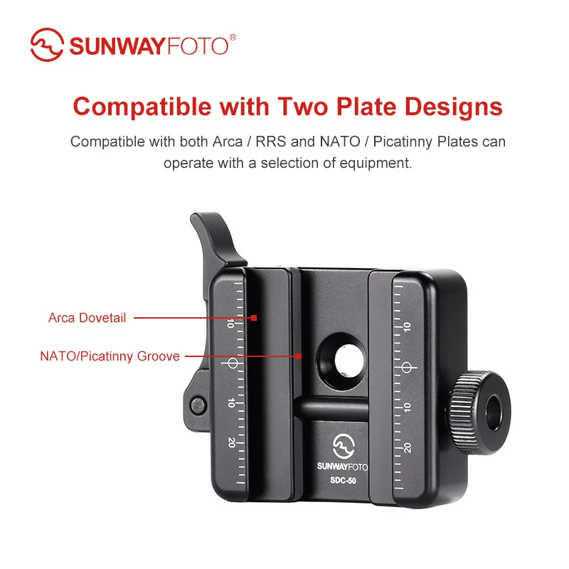 SUNWAYFOTO SDC-50 QR Quick Release Clamp Arca Swiss/RRS Dovetail to Picatinny Adapter