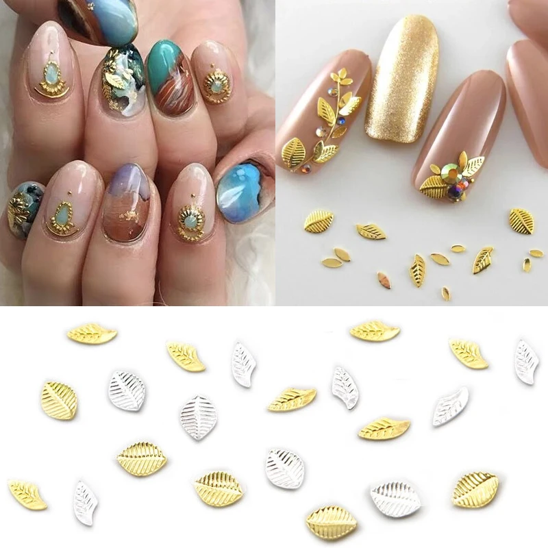 Gold and Silver Leaf Rivet Parts Decoration, Japanese Style Metal Studs, Jewelry Charm, DIY Nail Art Accessories, 50Pcs