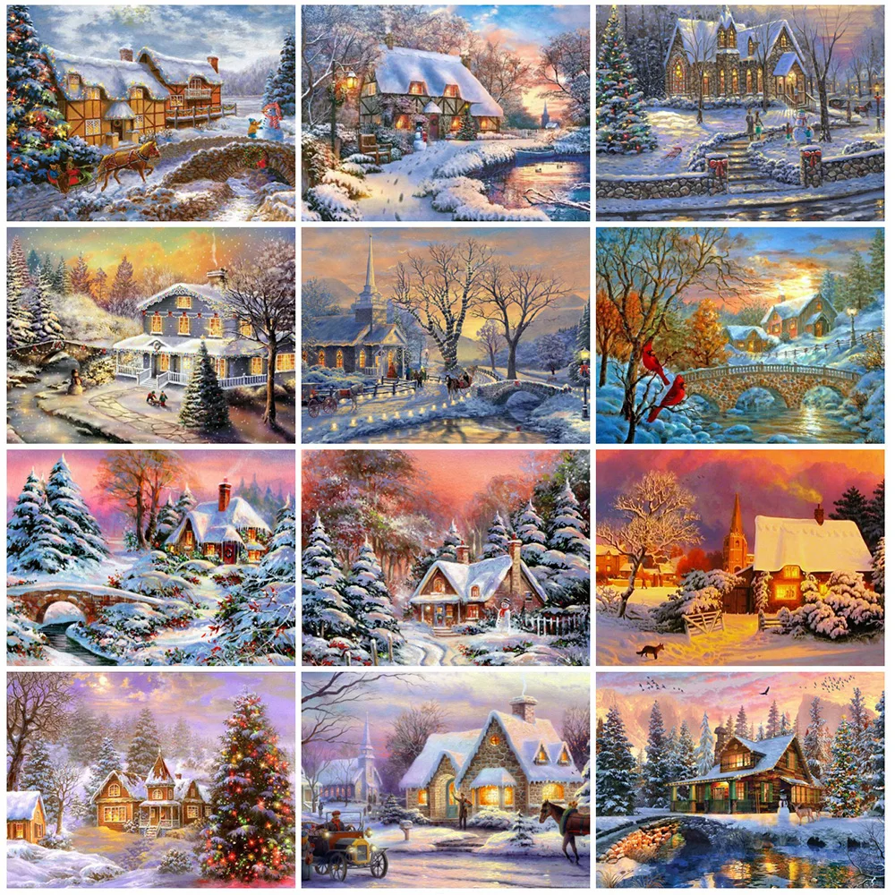 Yumeart Diamond Painting House Full Drill Diamond Mosaic Winter Snow House Story Hut Beaded Embroidery Landscape Handmade Gifts