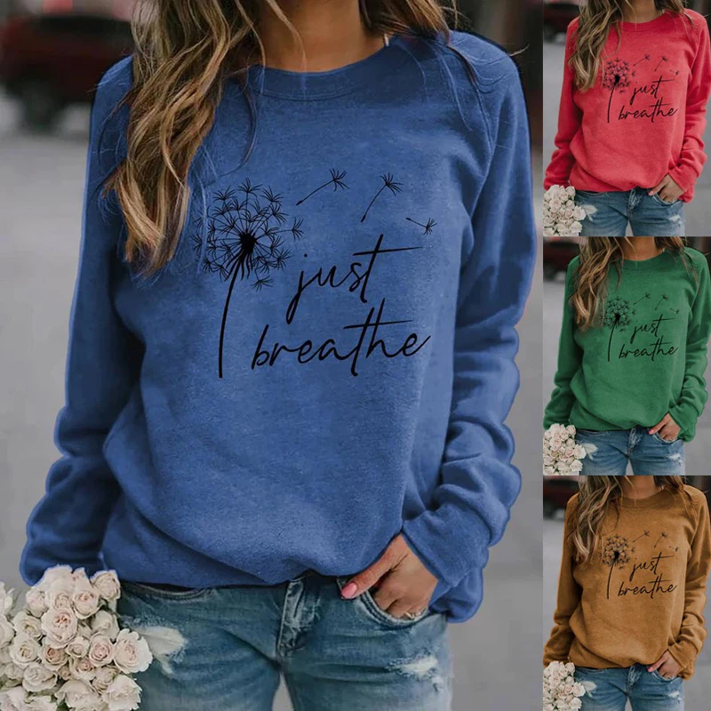 

Women's Dandelion Printed Casual Sweatshirt Plus Size Long Sleeve Tops T-shirt Ladies Round Neck Blouse(Just Breathe)