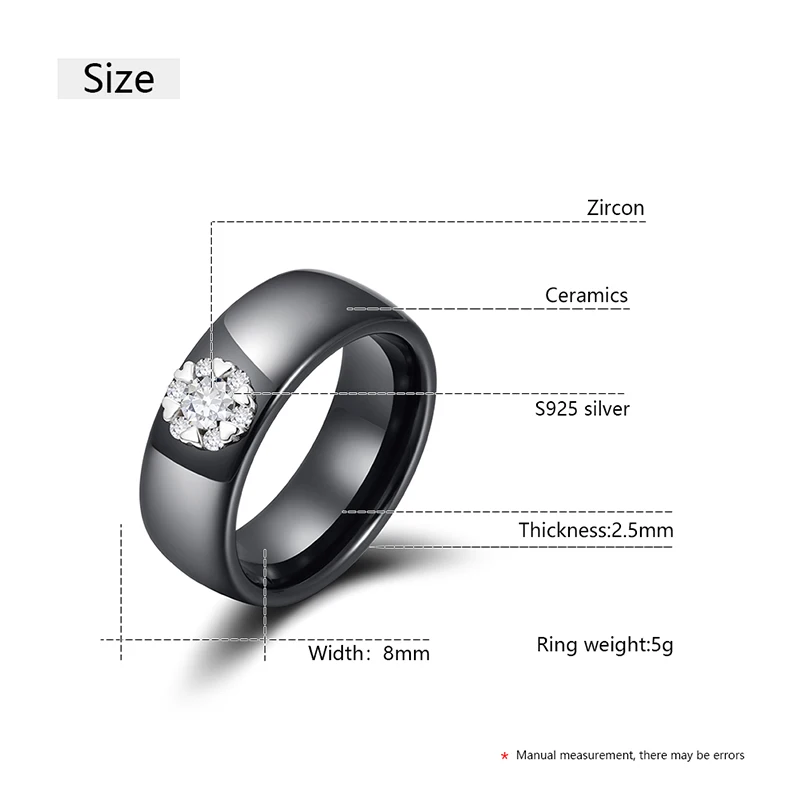 8mm White Black Ceramic Rings Plus Cubic Zirconia For Women Heart Crystal Real Ceramic Women Wedding Ring Engagement Jewelry