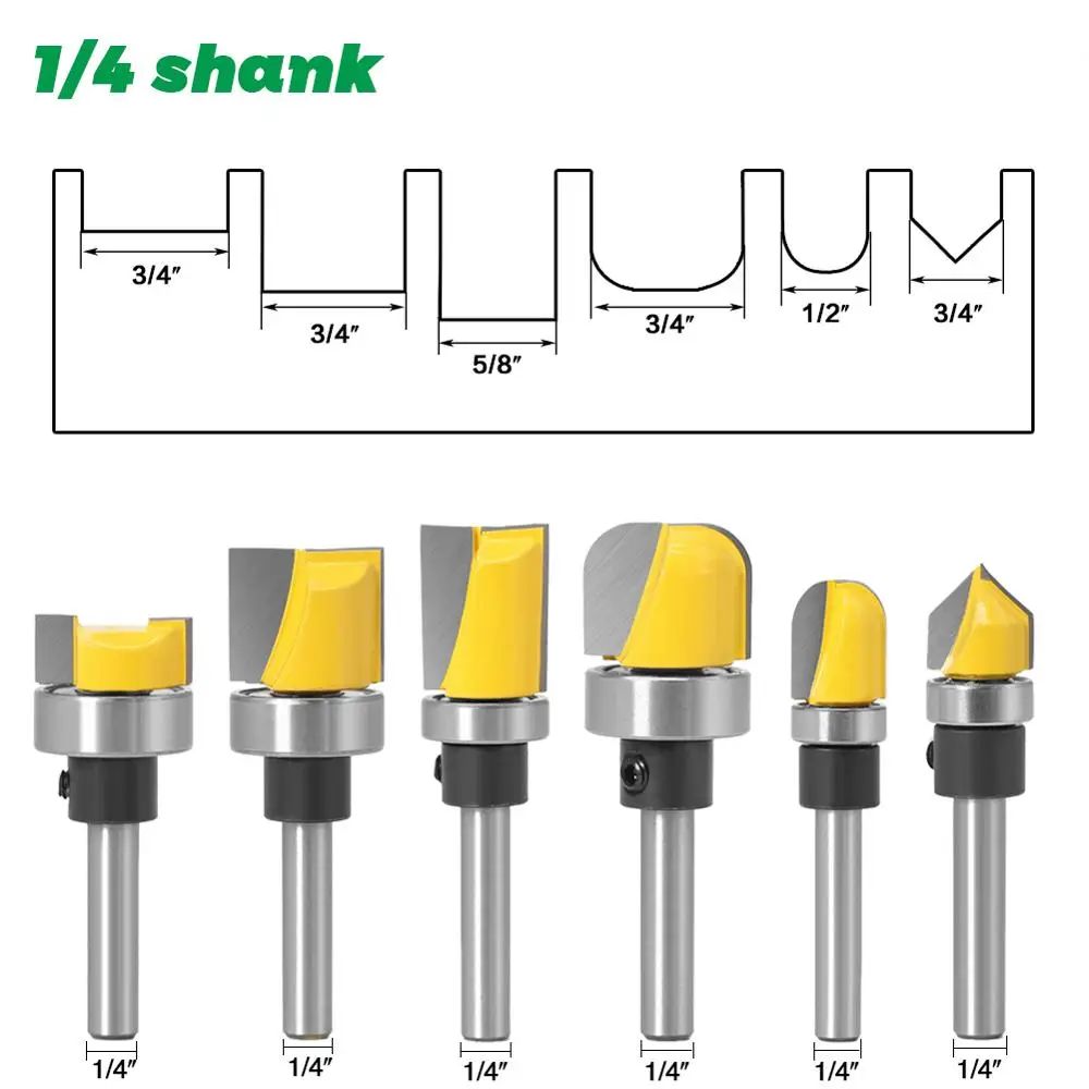 6PCS 1/4 "O 6 millimetri Gambo Modello Bit Flush Bit Trim Po 'Dritto con Cuscinetto Cerniera Toupie Router bit di Legno Trimmer Cutter