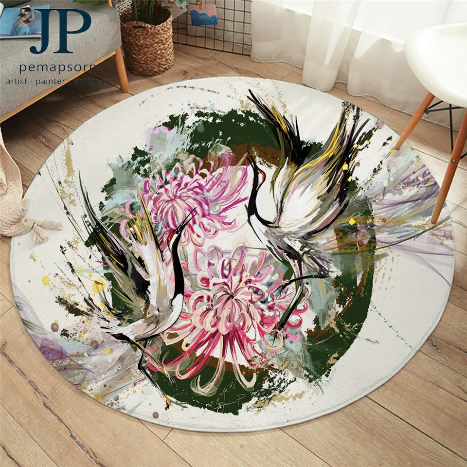 

Bird by Jp.pemapsorn Bedroom Carpets Crane Round Area Rug for Living Room Watercolor Art Floor Rug Chrysanthemum Flower Play Mat