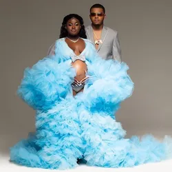 Cute Tulle Party Dresses Women Long Tulle Maternity Robes Sky Blue Prom Dress Sheer Tulle Robe With Bow Ruffled Maternity Dress