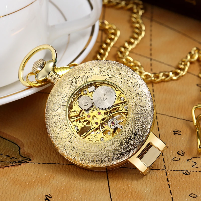 Luxury Retro Golden Hollow Skeleton Mechanical Pocket Watch Mens Fob Chain Steel Exquisite Sculpture Women Pocket Wath Gifs