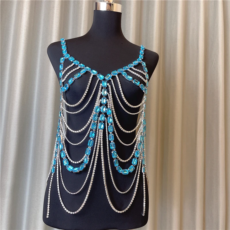 الفاخرة كريستال مزدوجة الجسم سلسلة الصدرية تسخير للنساء عيد الميلاد الجوف الشرابة حجر الراين الصدر سلسلة بيكيني الملابس الداخلية مجوهرات #5
