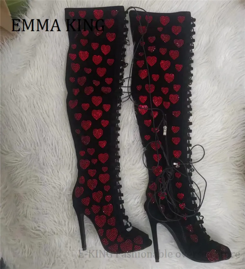 Women Red Crystal Hearts Gladiator Sandals Boots Sexy Peep Toe Cross Lace Up Thigh High Boots 2021 Autumn Sexy Dress Party Shoes