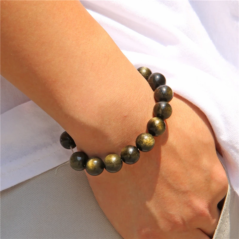 Black Gold Color Obsidian Beaded Stretch Bracelets 6-12mm Natural Stone Beads Bracelet Bangles Women Men Charm Energy Jewelry