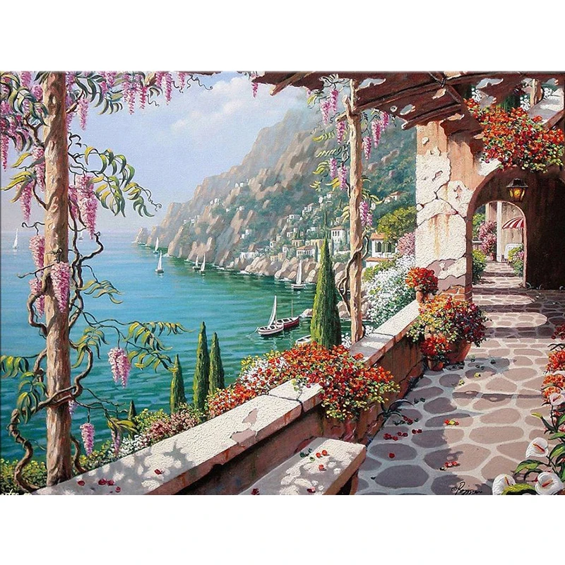 5D Diy Diamond Painting 100% Full Round Diamond Mosaic Rhinestone Pasted Paiting Villa On Italy Unfinished Diamond Embroidery