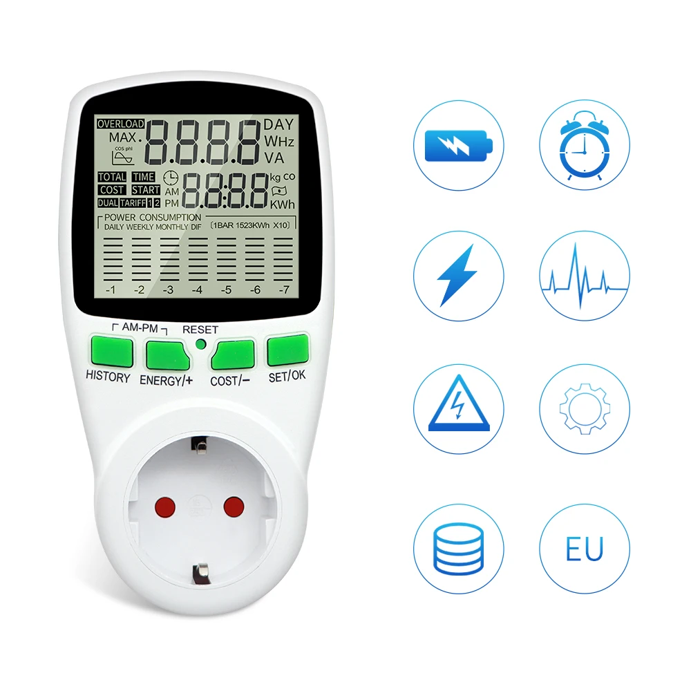 Misuratore di potenza digitale Spina UE Wattmetro Presa AC 220V Contatore di energia LCD Disply Diagramma di costo dell\'elettricità Analizzatore di