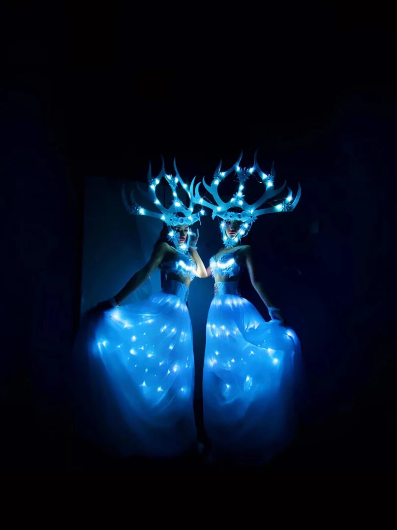 Lumious stage dance wear Led light Glowing White Snow Queen Bar Party Showcase Dress Tour Ds Costume