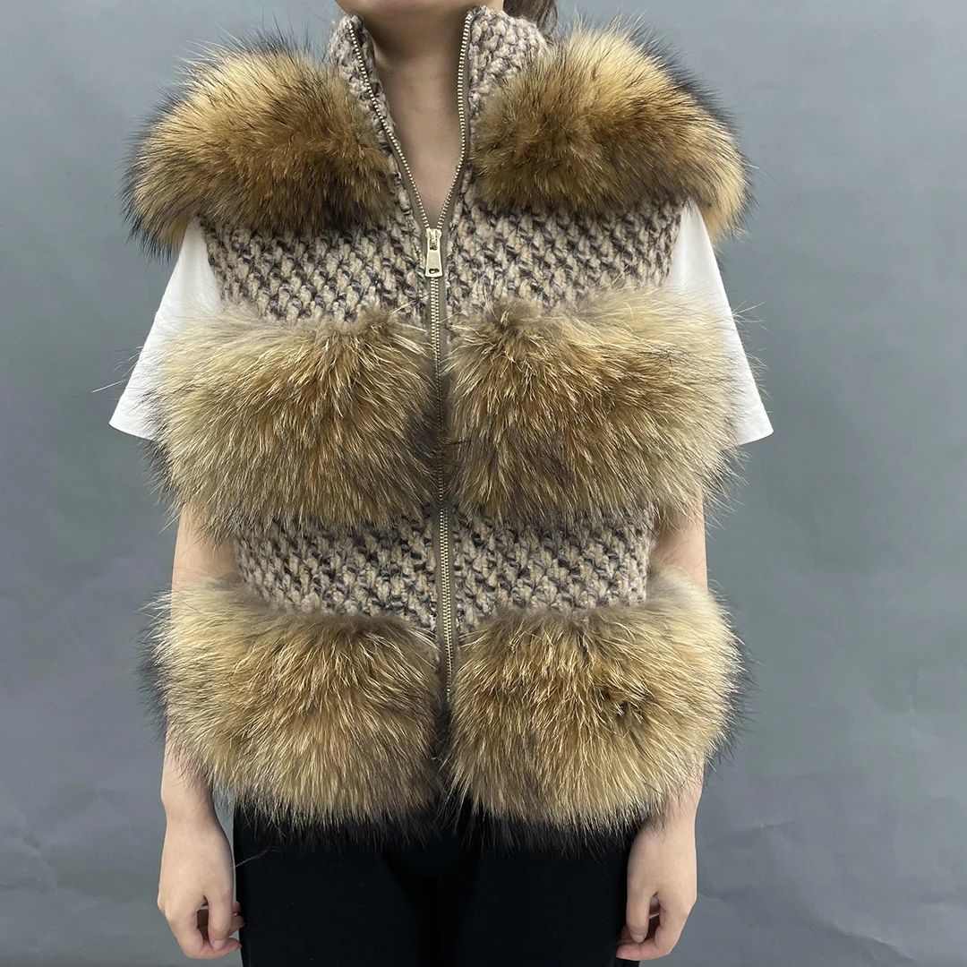 

2021 New Real Fur Vest Women Raccoon Fashion Winter Woolen Blends Jacket Casual Fluffy Fur WaistCoat Natural Raccoon Fur Vest