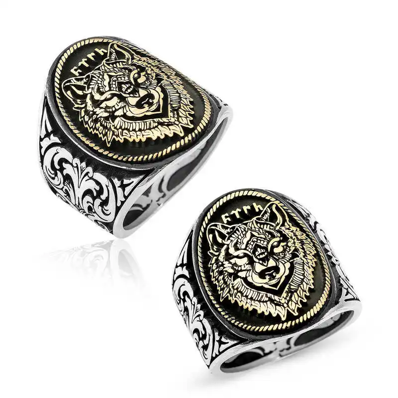 Silver Gok Turkish Turkish Written Wolf Head Men's Ring - 925 Sterling Men's Jewelry Wedding Birthday Gift - Box - Man - Fashion - Botiva - Size - Turkish - Patterned Embroidered