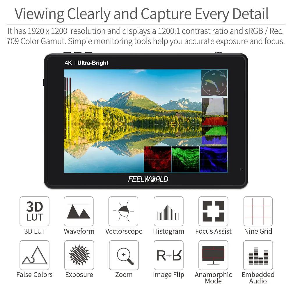 Do Brasil FEELWORLD LUT7 PRO 7 Inch 2200nits 3DLUT Touch Screen DSLR Camera Field Director AC Monitor with F970 External Power