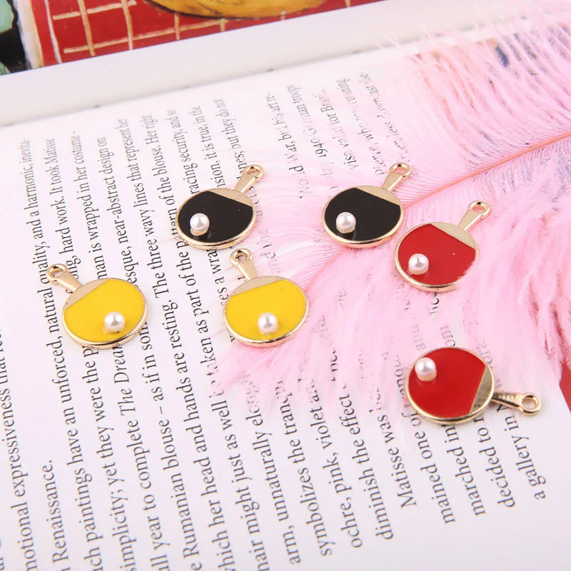 10pcs/lot Pearl Decoration Ping Pong Paddle Shape Charms Alloy Floating Locket Tennis Ball Pendant DIY Jewelry Earring Accessory