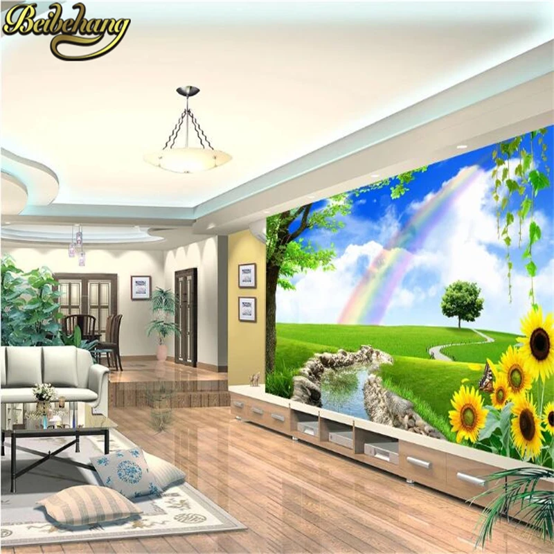 

beibehang custom Blue sky white clouds Tv background wall papers home decor seamless Rainbow grass photo murals wallpaper