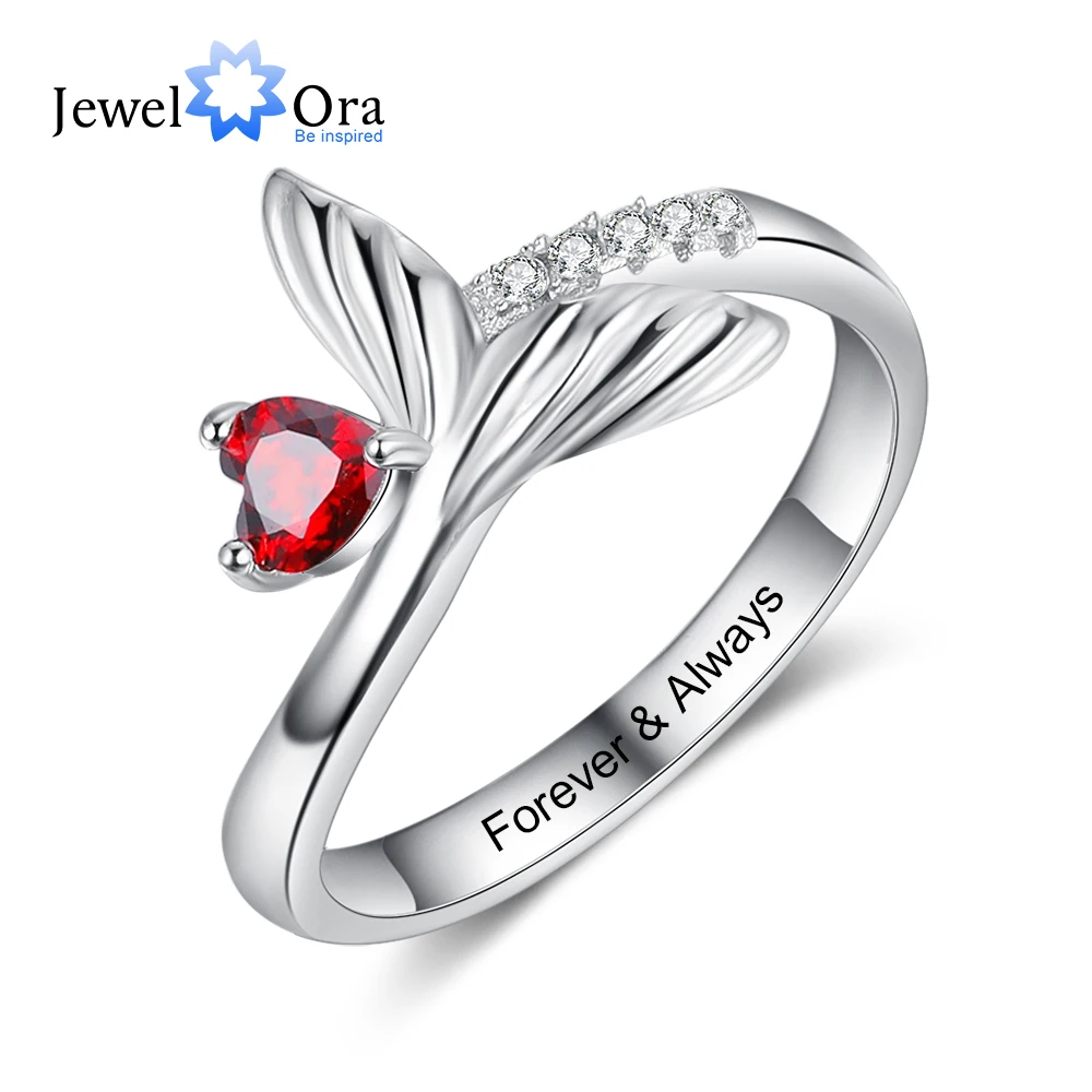 JewelOra Personalized Birthstone Fish Tail Rings for Women Customized Heart Stone Engraved Ring Christmas Birthday Gifts