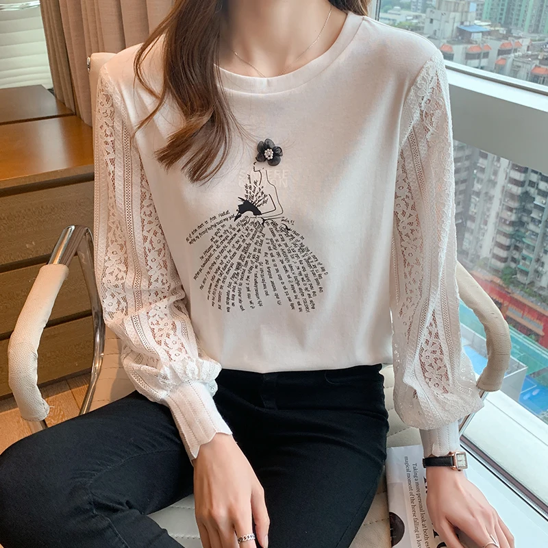 Fashion elegant Women\'s lace Tshirt Casual Tops printing T Shirt Basic bottoming shirts Ladies o-neck Long Sleeve Tee Shirt