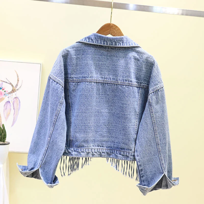 

New Spring Loose Denim Coat Women Fashion Irregular Tassel Cropped Punk Jean Jacket Street Long Sleeve Tops Abrigo Mujer