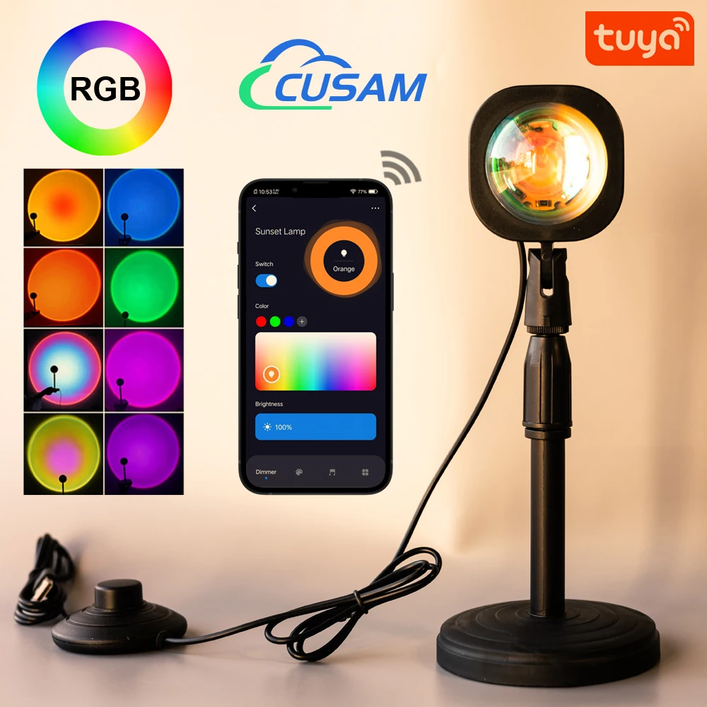 CUSAM Smart Sunset Projector Lamp RGB LED App Control Projection Atmosphere Night Light for Home Room Decoration for audi a4 b9 frosted texture table length multicolor atmosphere lamp automobile table decoration interior modification