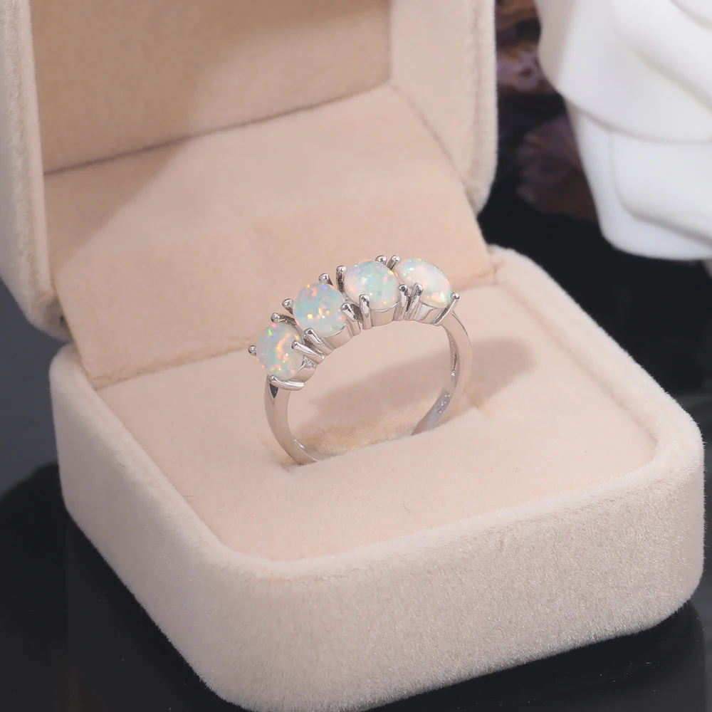 CiNily Created White Fire Oval Opal Stone Rings Silver Color Simple Rings for Women Wedding Party Fashion Jewelry Size 5-12