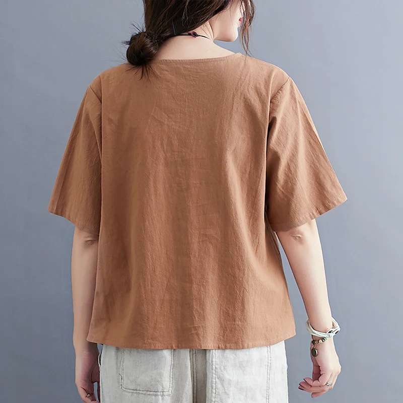 Blusa de lino y algodón con dobladillo Irregular en la parte delantera con botones, Top de verano de manga corta, blusa informal holgada de talla grande en negro, blanco y caqui