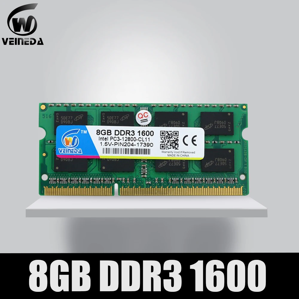 

Оперативная память VEINEDA для ноутбука, ОЗУ ddr3 8 ГБ 4 ГБ 1333 МГц PC3-10600, 1600 204pin Sodimm ddr 3, для материнской платы Intel и AMD