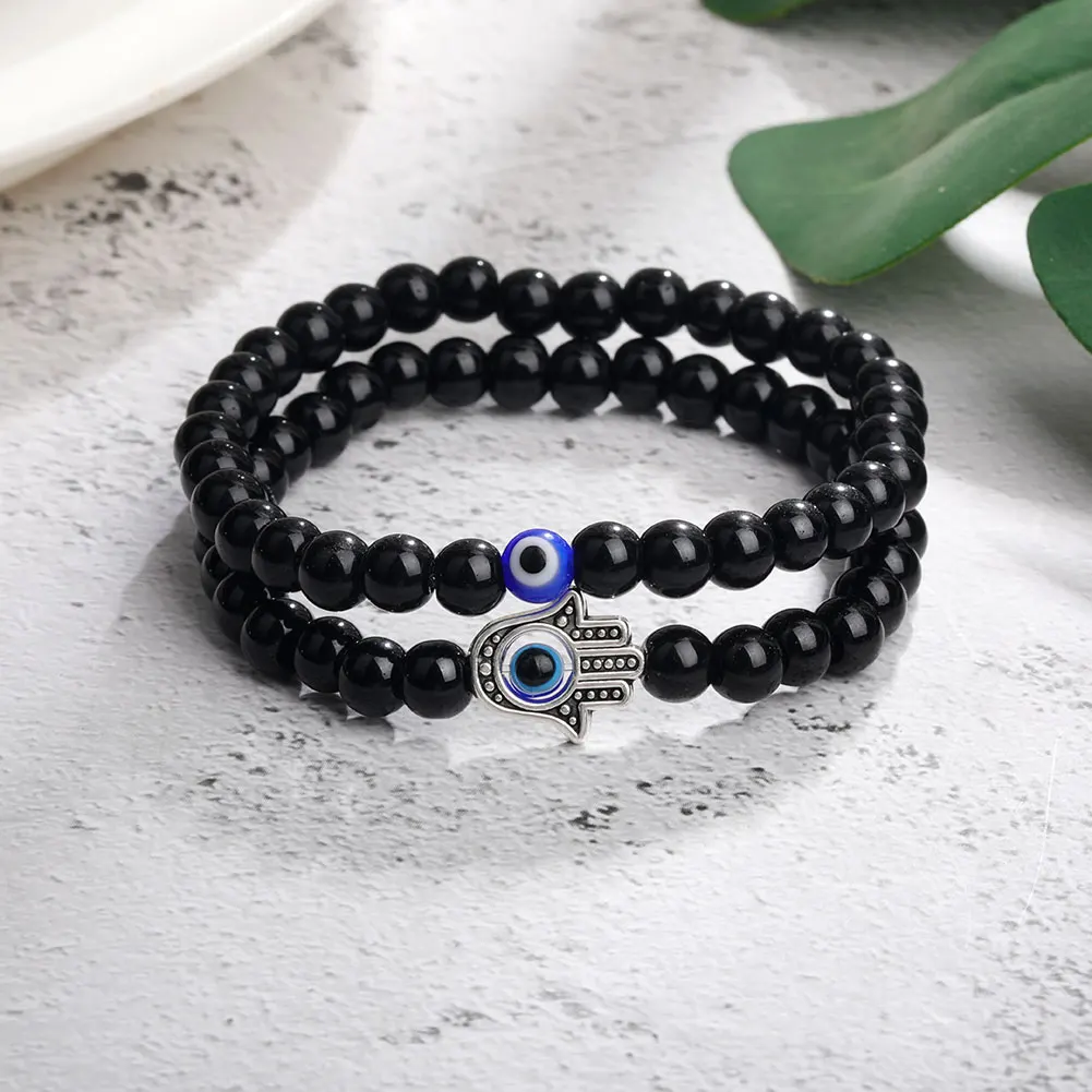 6mm Natural Stone Beads Blue Eye Hand Charm Bracelet Set Handamde Hematite Evil Turkish Eye Bracelet For Women Men Jewelry