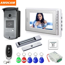 Interfone de vídeo com tela de 7 polegadas, sistema de intercomunicação 5-rfid, chave fob + trava elétrica + controle remoto + campainha de vídeo com energia, intercomunicação visual