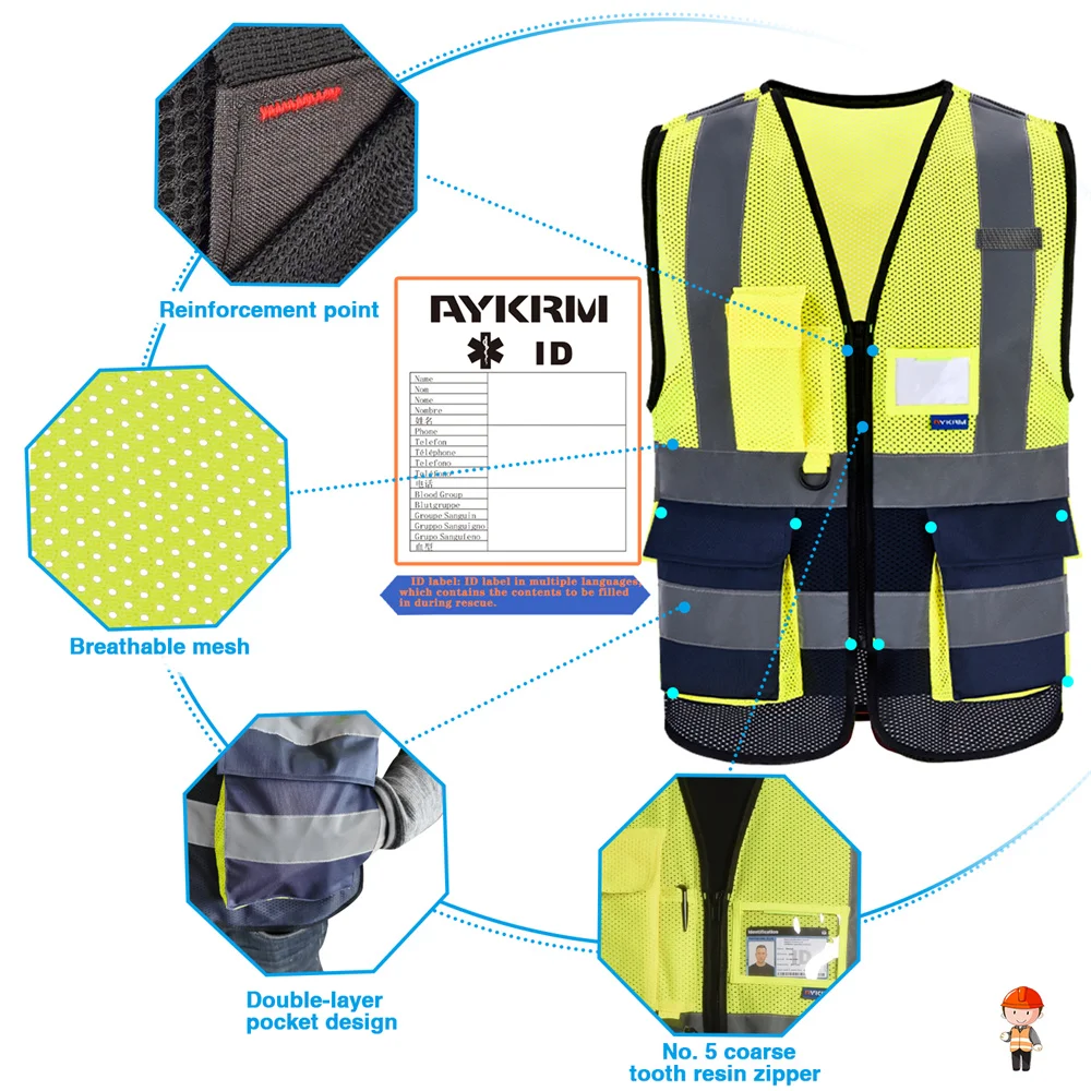 AYKRM wysoka widoczność kamizelka odblaskowa bezpieczeństwo kieszeń na zamek Hi Viz kamizelki bezpieczeństwa Multi Logo na zamówienie budowa