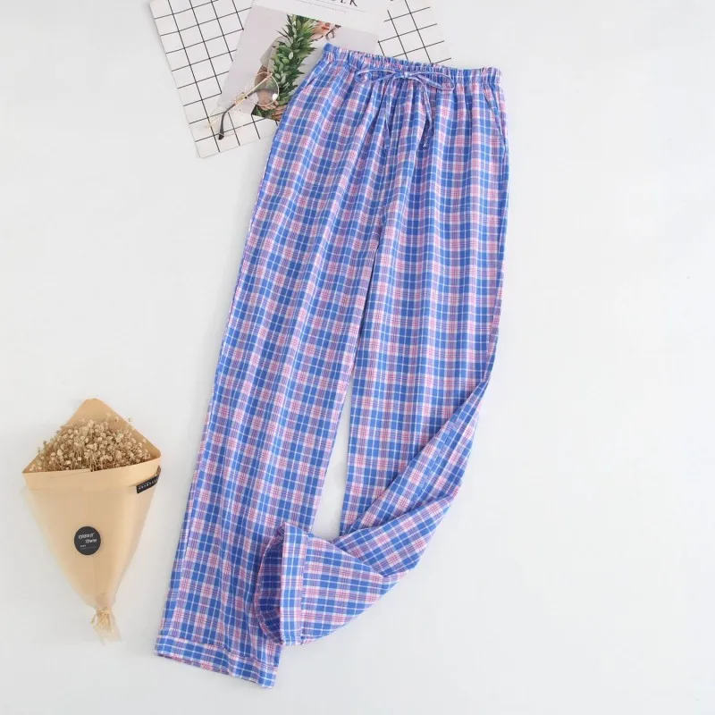 Spring Autumn Women 100% Cotton Sleep Pants Ladies Casual Plaid Lounge Wear Pants Female Plus Size Home Pants Pantalon