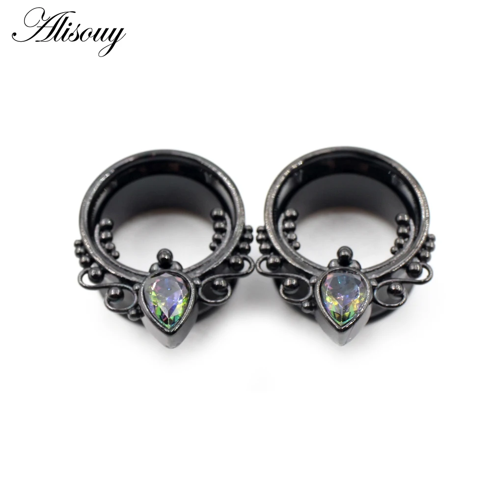 Alisouy 2pcs Punk Stainless Steel Water Drop Zircon Ear Tunnels Plugs Ear Expander Flesh Gauges Stretchers Body Piercing Jewelry