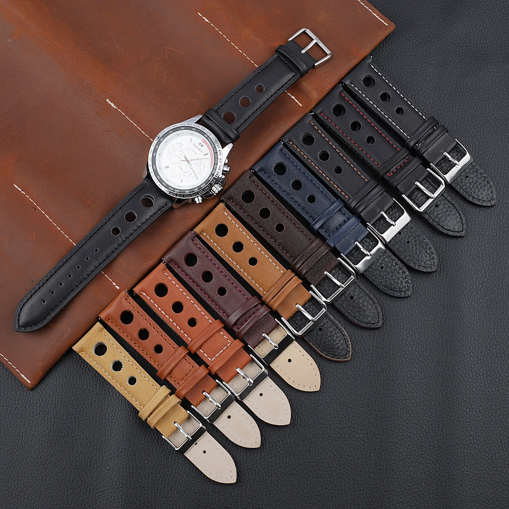 Genuine Leather Watchband 18mm 20mm 22mm 24mm Brown Coffee Black Racing Strap Handmade Stitching Quick Release Watch Band