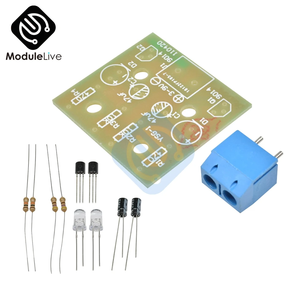 5MM Light LED Blue Simple Flash Circuit Transistor 30K Resistance 22UF Electrolytic Capacitors Dupont Cable Board DIY Kit Module