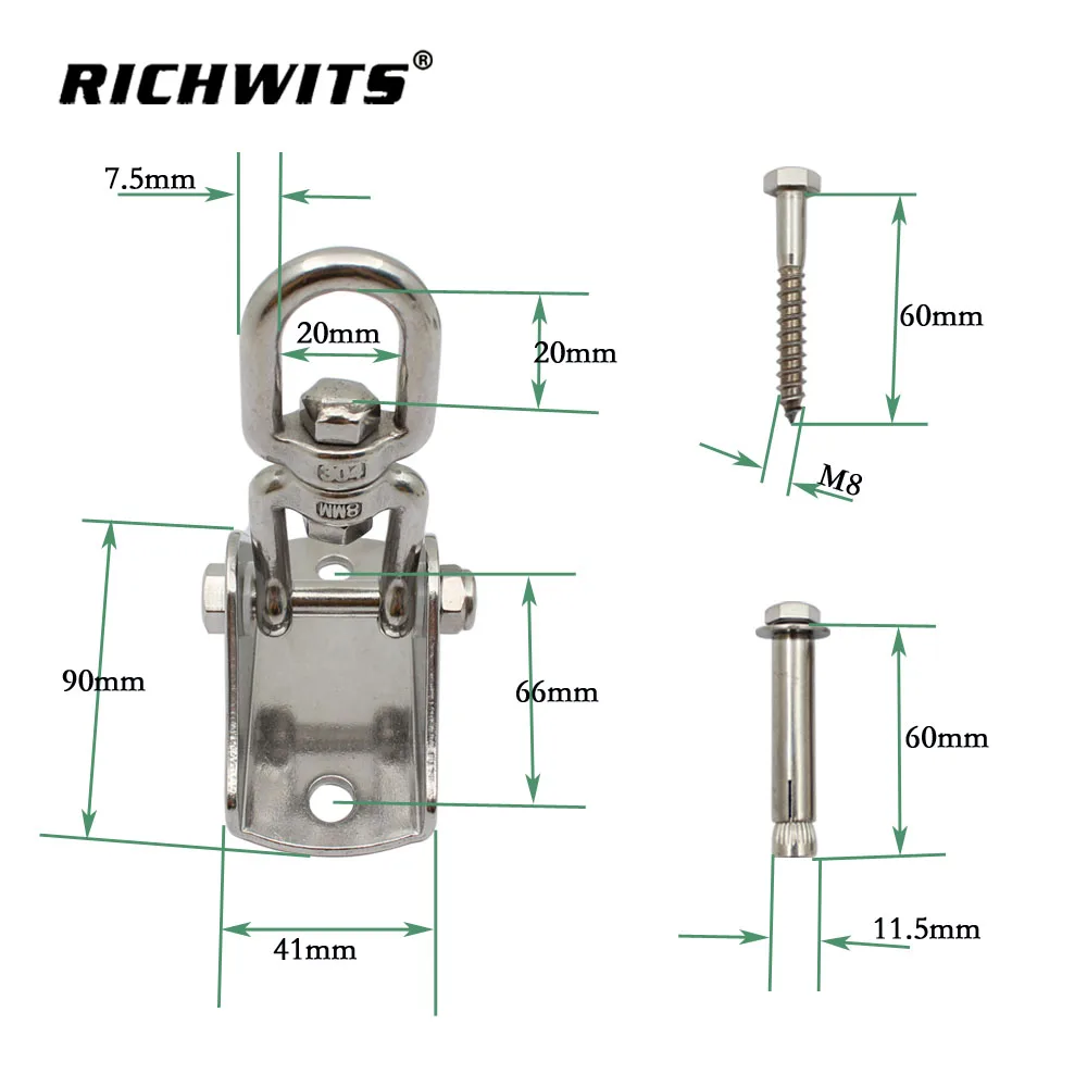 Heavy Duty 304 Stainless Steel Swing Hangers, Suspension Hooks 2200LB Capacity, 360 Degree Rotation Ceiling Wall Mount Swing