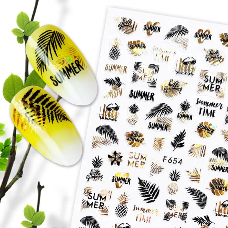 1pc Summer Glitter Nail Decals Stickers Gold Black White Leaf Manicuring Foils Geometric Slider Nail Art Adhesive Decor T0249