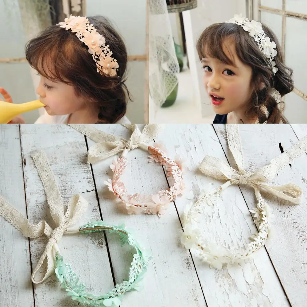 Medel Wedding flower girl jewelry children's headdress lace streamer headband girl's flower headband wreath headband