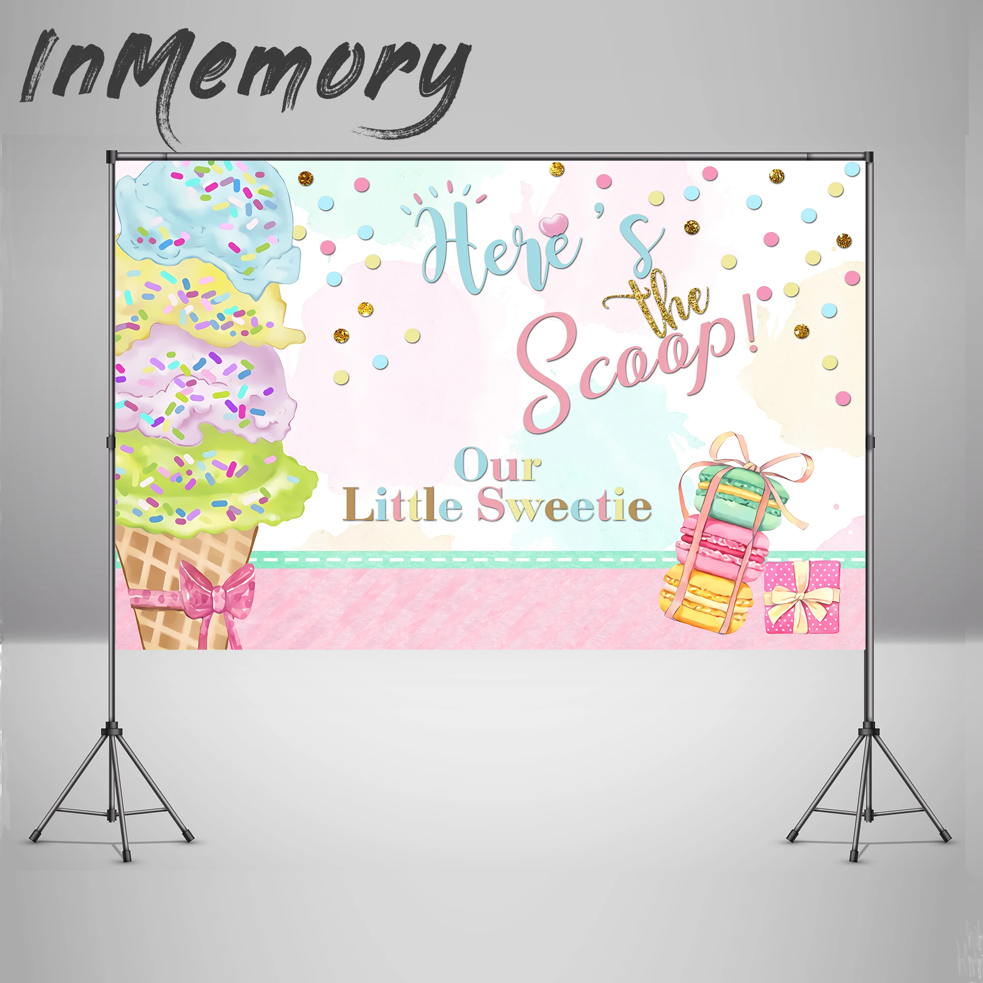 

Custom Ice cream party photography background for kids Macaron cookies candy sweet girl birthday cake table banner newborn